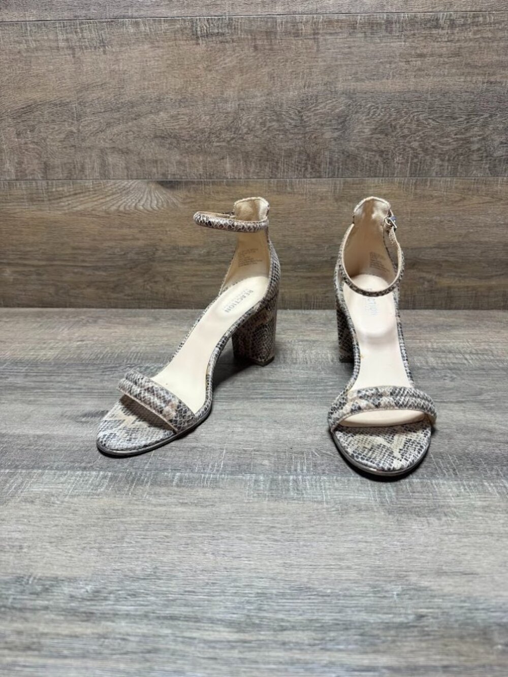 Kenneth Cole Reaction Lolita Snakeskin Print Open Toe Heels Women's Size 9.5